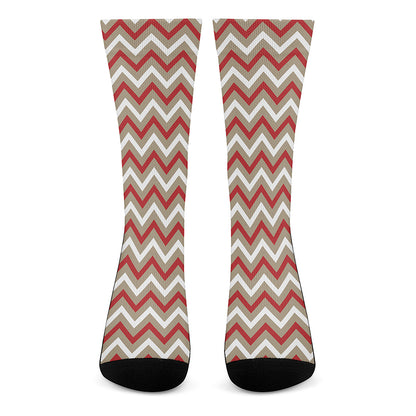 White Beige And Red Chevron Print Crew Socks