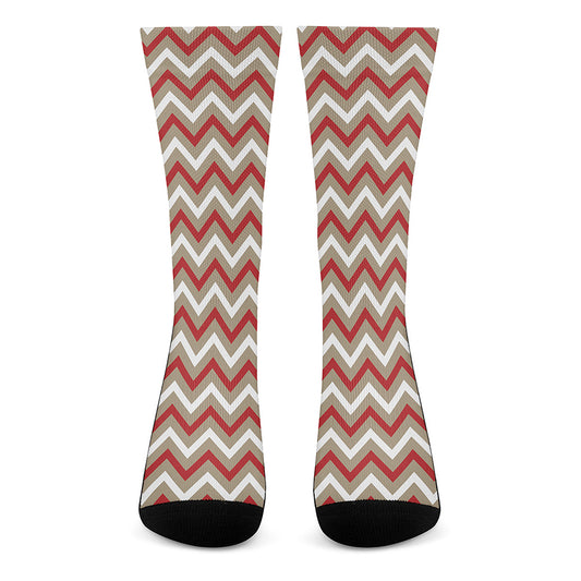 White Beige And Red Chevron Print Crew Socks