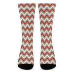 White Beige And Red Chevron Print Crew Socks