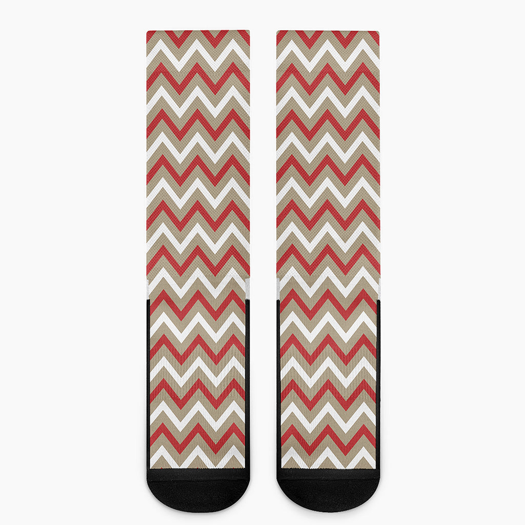 White Beige And Red Chevron Print Crew Socks