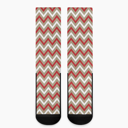 White Beige And Red Chevron Print Crew Socks