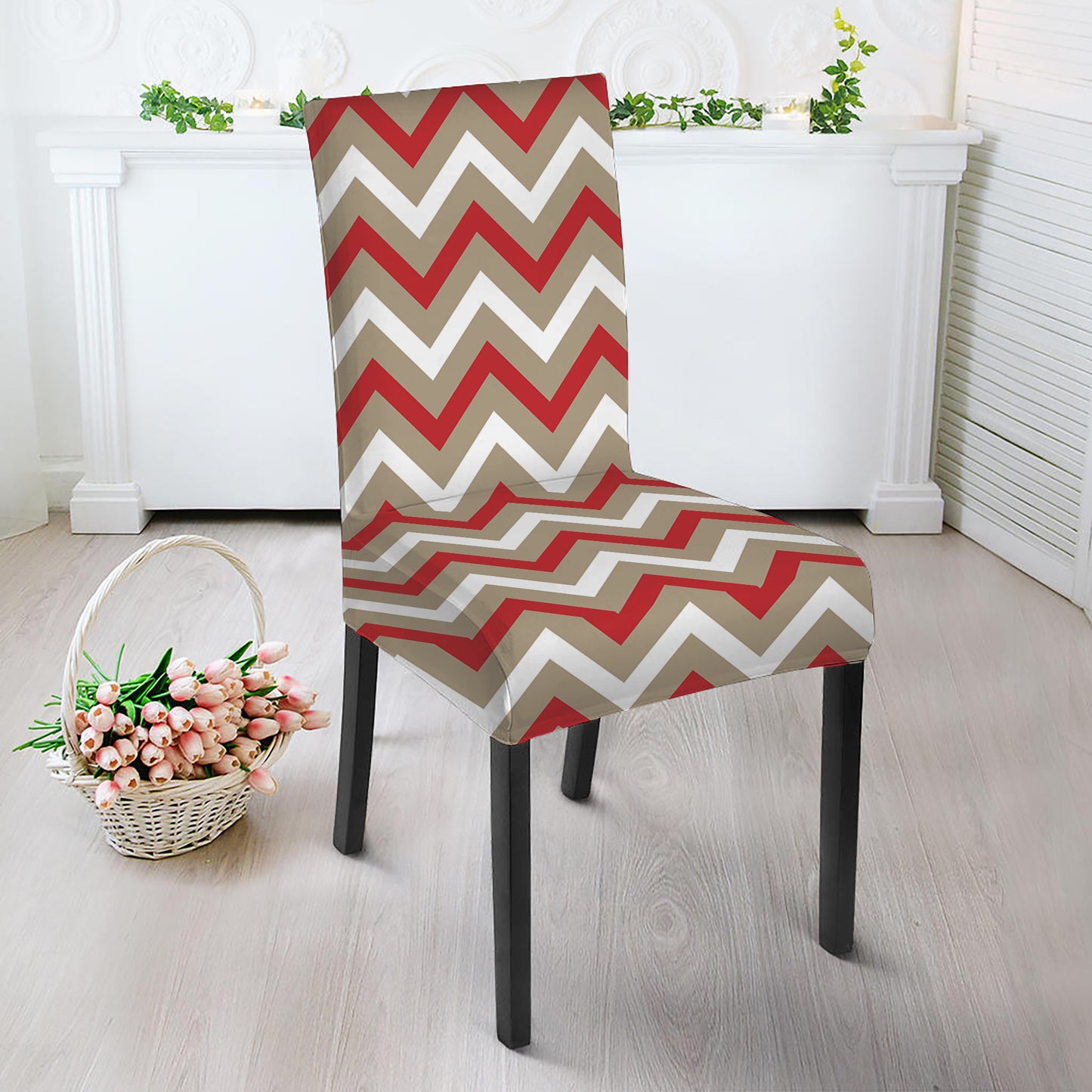 White Beige And Red Chevron Print Dining Chair Slipcover