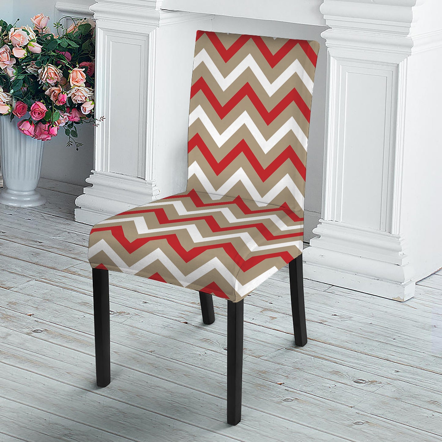 White Beige And Red Chevron Print Dining Chair Slipcover