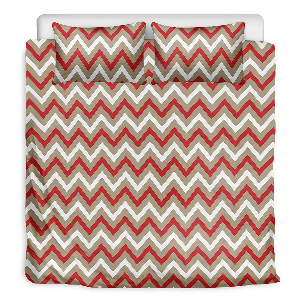 White Beige And Red Chevron Print Duvet Cover Bedding Set