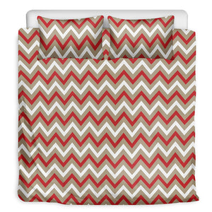 White Beige And Red Chevron Print Duvet Cover Bedding Set