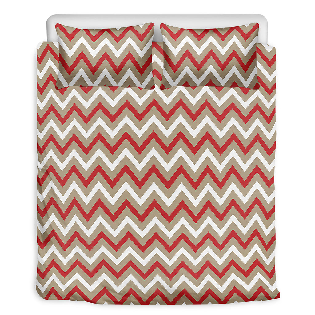 White Beige And Red Chevron Print Duvet Cover Bedding Set