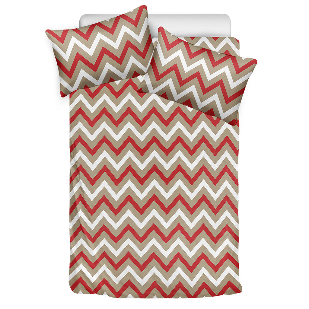 White Beige And Red Chevron Print Duvet Cover Bedding Set