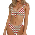White Beige And Red Chevron Print Front Bow Tie Bikini