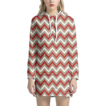 White Beige And Red Chevron Print Hoodie Dress