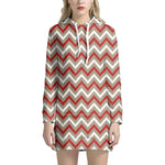 White Beige And Red Chevron Print Hoodie Dress
