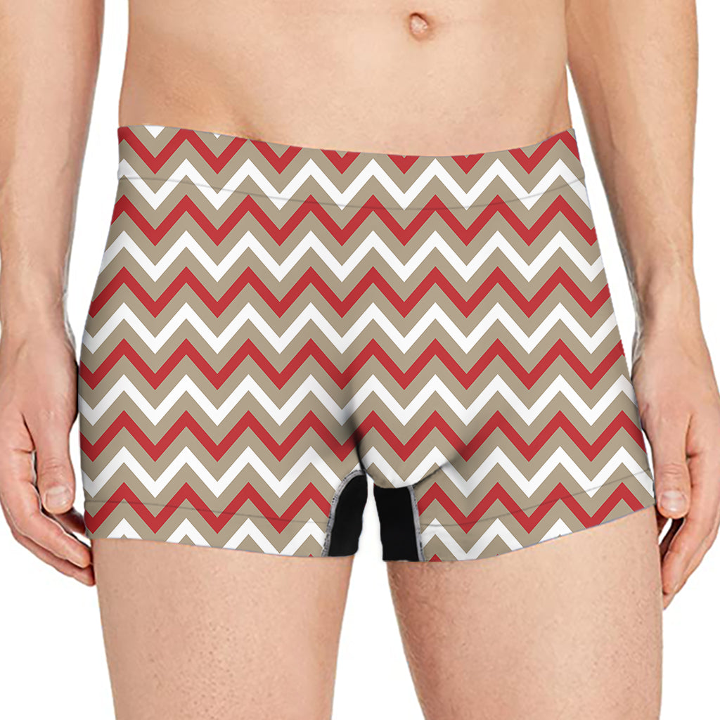 White Beige And Red Chevron Print Men's Boxer Briefs