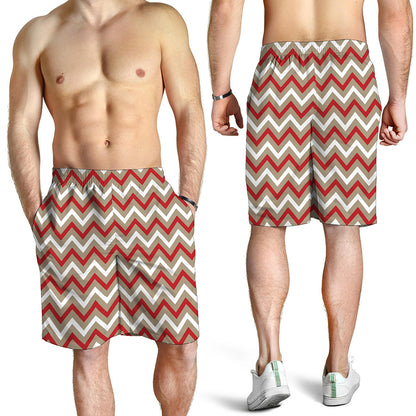 White Beige And Red Chevron Print Men's Shorts