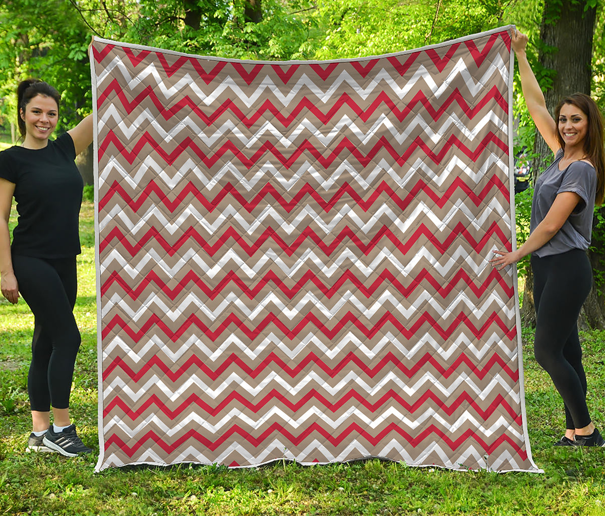 White Beige And Red Chevron Print Quilt