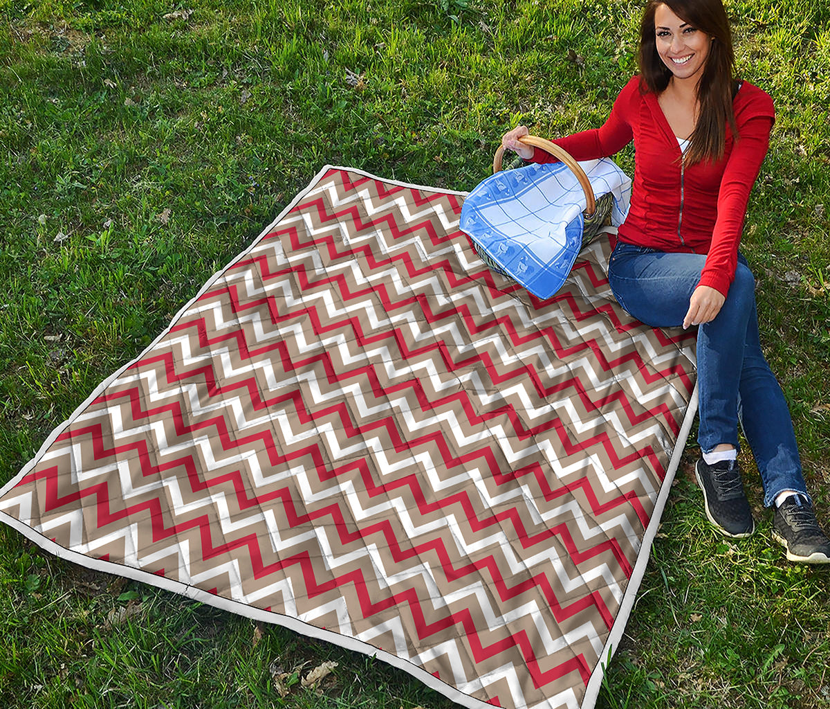 White Beige And Red Chevron Print Quilt