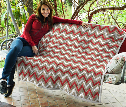 White Beige And Red Chevron Print Quilt