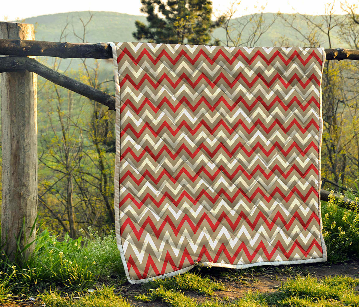 White Beige And Red Chevron Print Quilt