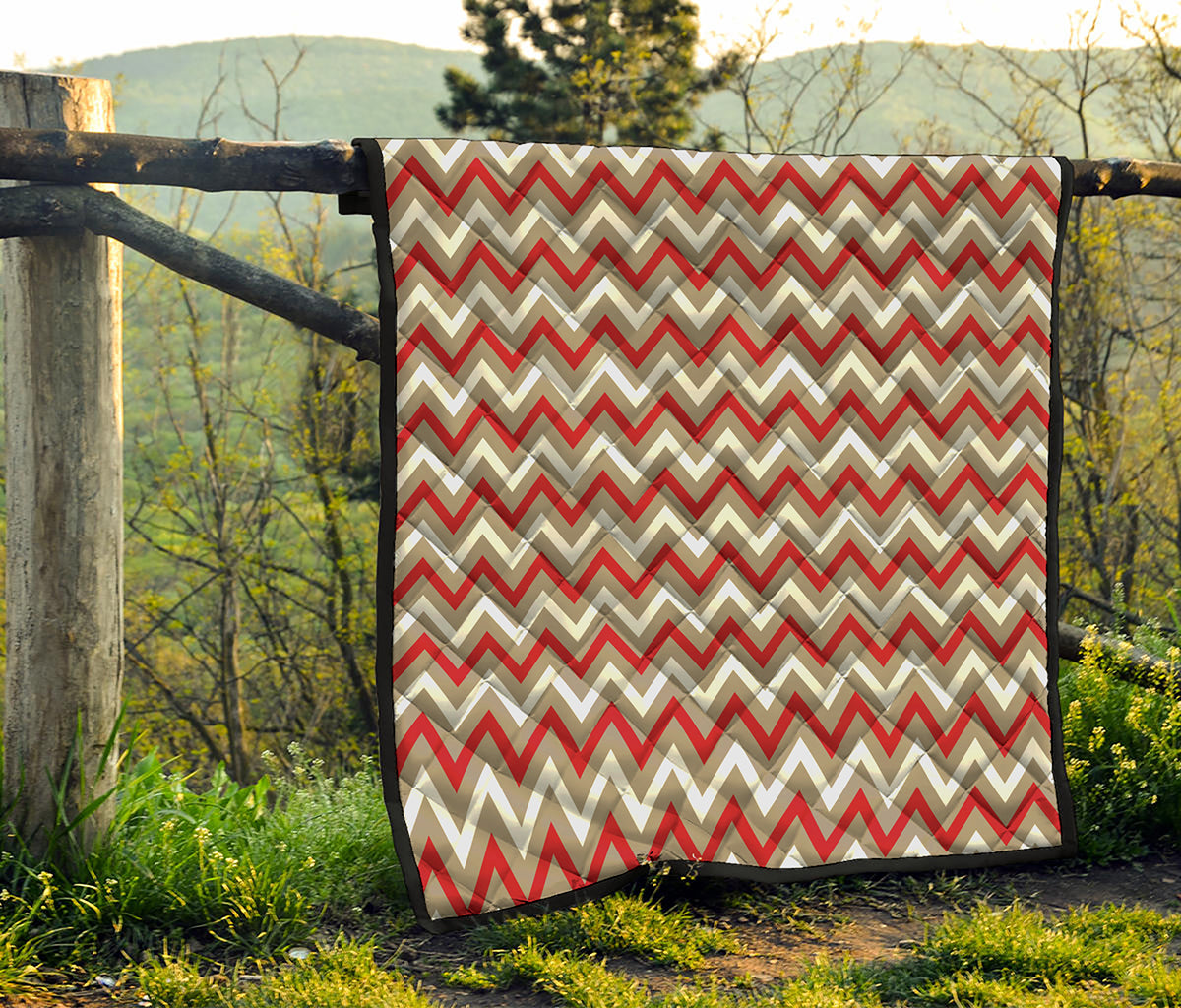 White Beige And Red Chevron Print Quilt