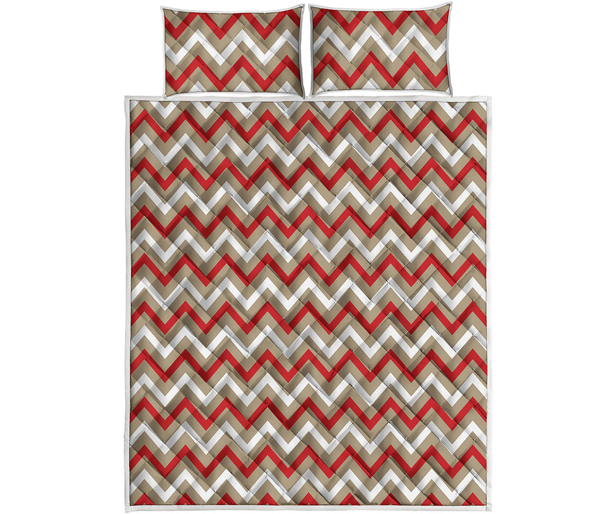 White Beige And Red Chevron Print Quilt Bed Set