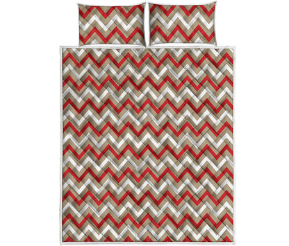 White Beige And Red Chevron Print Quilt Bed Set