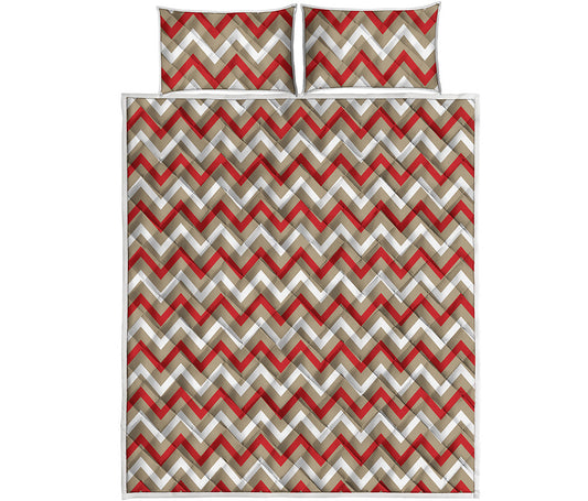 White Beige And Red Chevron Print Quilt Bed Set