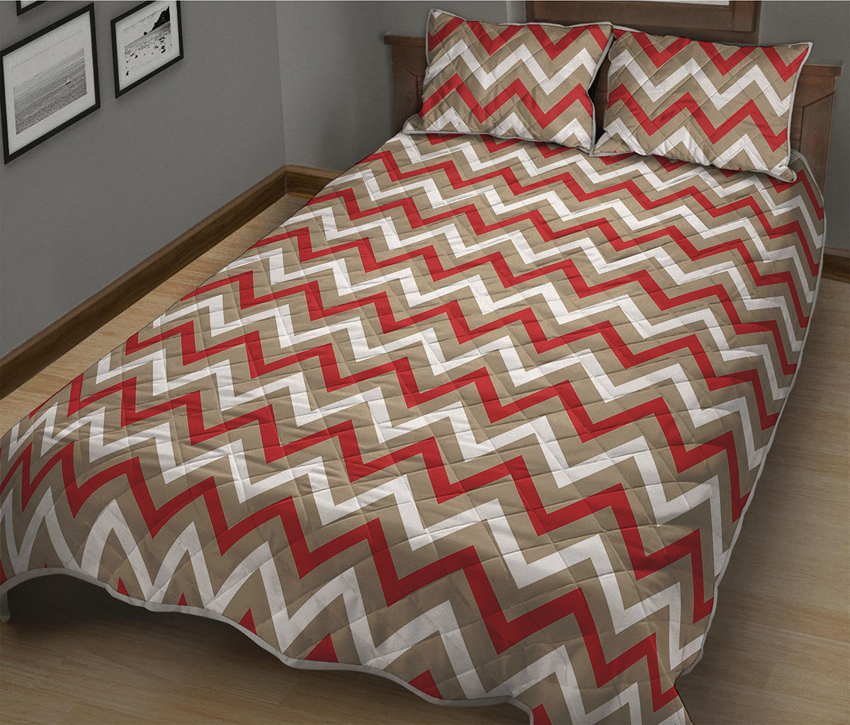 White Beige And Red Chevron Print Quilt Bed Set