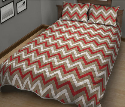 White Beige And Red Chevron Print Quilt Bed Set