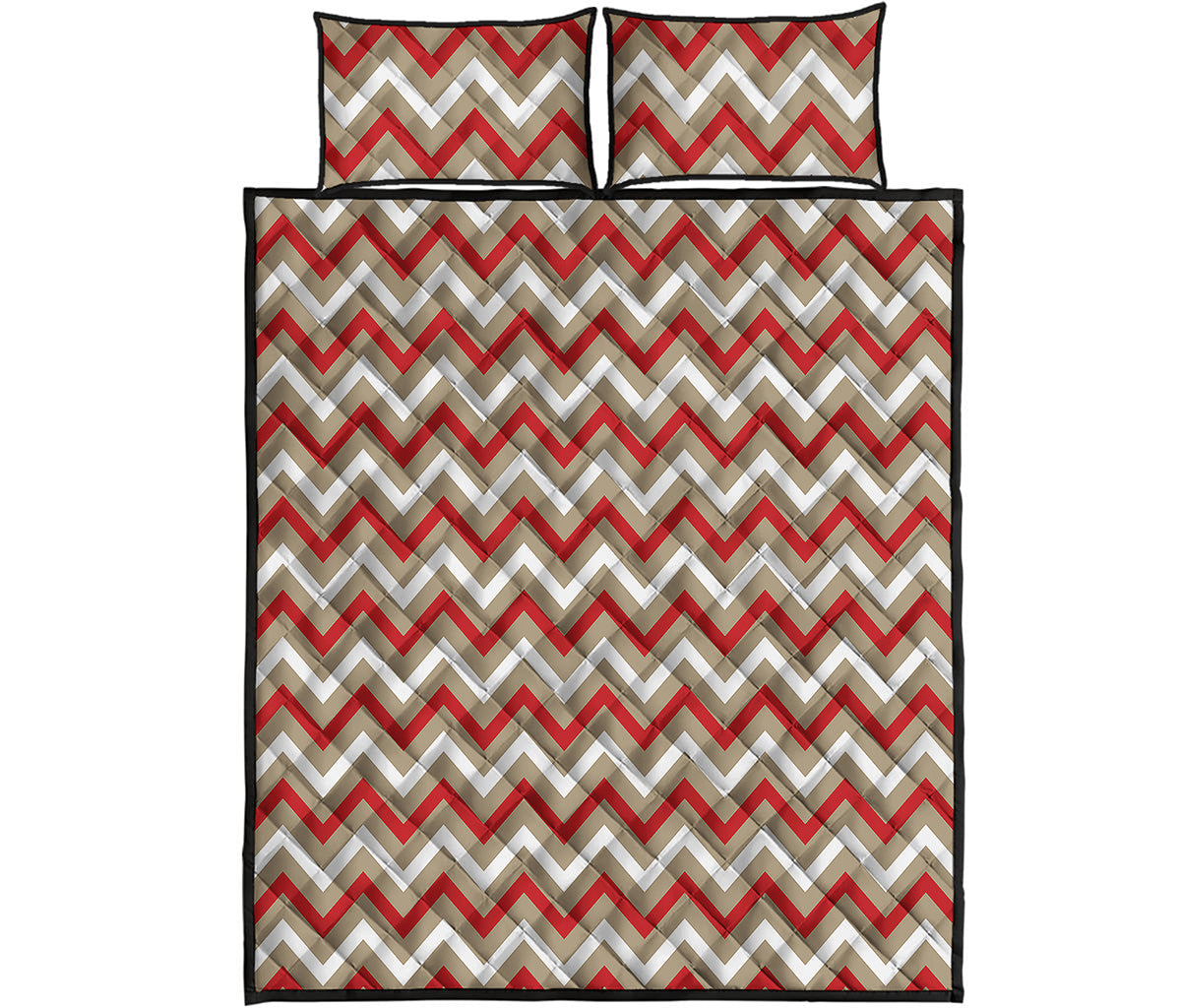 White Beige And Red Chevron Print Quilt Bed Set