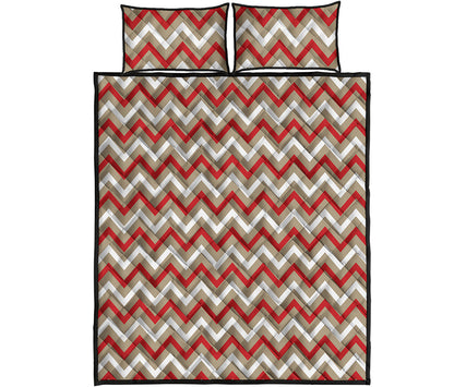 White Beige And Red Chevron Print Quilt Bed Set