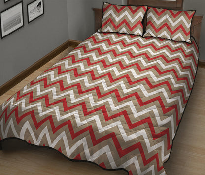 White Beige And Red Chevron Print Quilt Bed Set