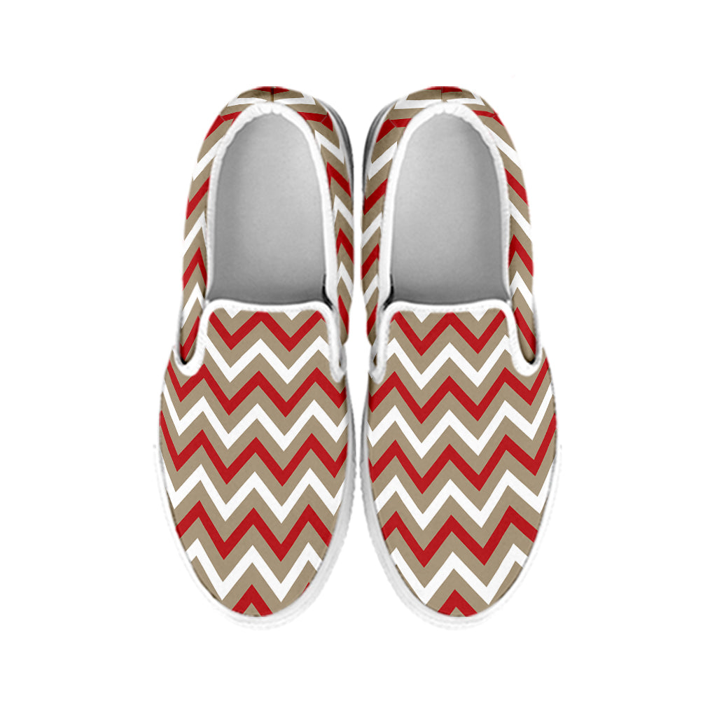 White Beige And Red Chevron Print White Slip On Shoes