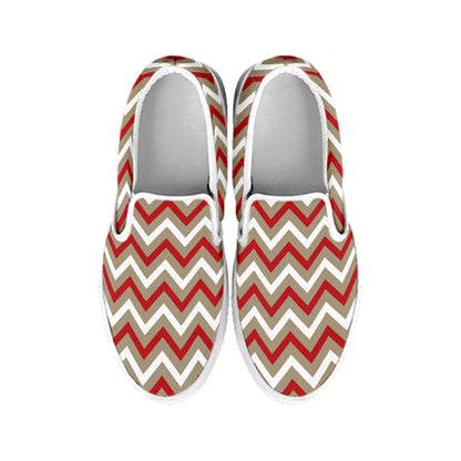 White Beige And Red Chevron Print White Slip On Shoes
