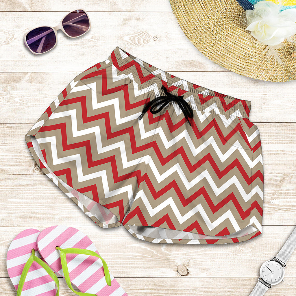 White Beige And Red Chevron Print Women's Shorts