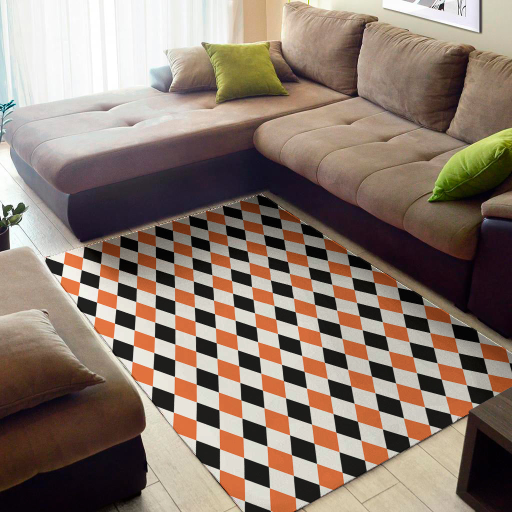 White Black And Orange Harlequin Print Area Rug