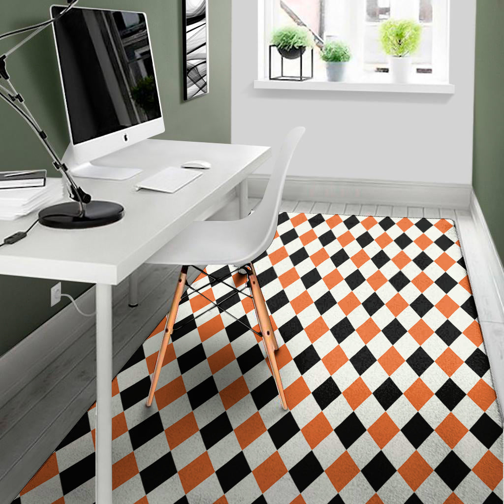 White Black And Orange Harlequin Print Area Rug