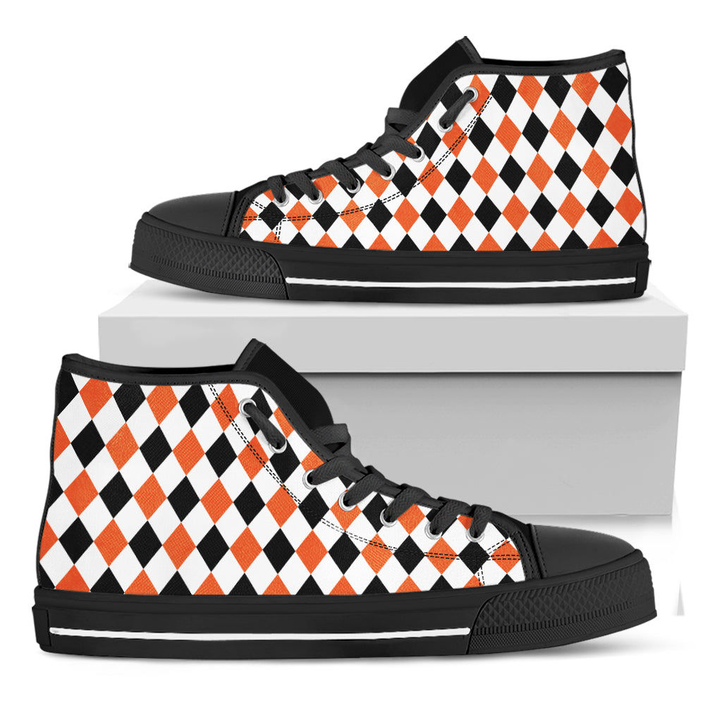 White Black And Orange Harlequin Print Black High Top Shoes