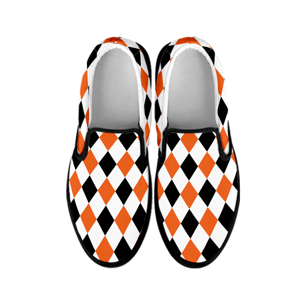 White Black And Orange Harlequin Print Black Slip On Shoes