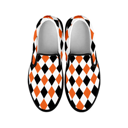 White Black And Orange Harlequin Print Black Slip On Shoes