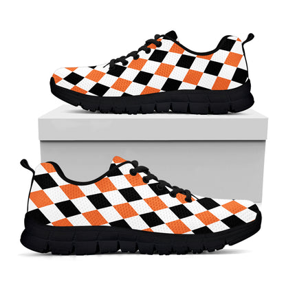 White Black And Orange Harlequin Print Black Sneakers