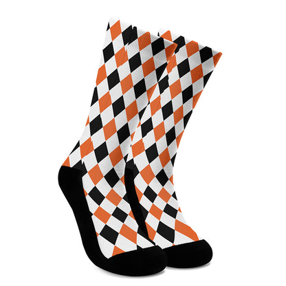 White Black And Orange Harlequin Print Crew Socks