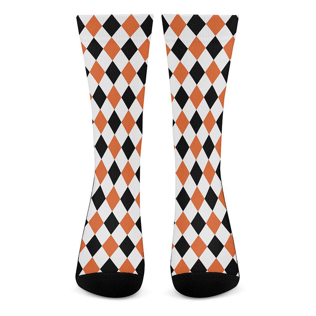 White Black And Orange Harlequin Print Crew Socks