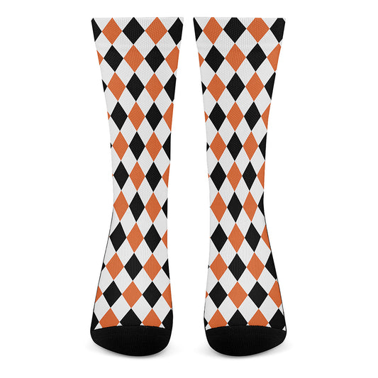 White Black And Orange Harlequin Print Crew Socks