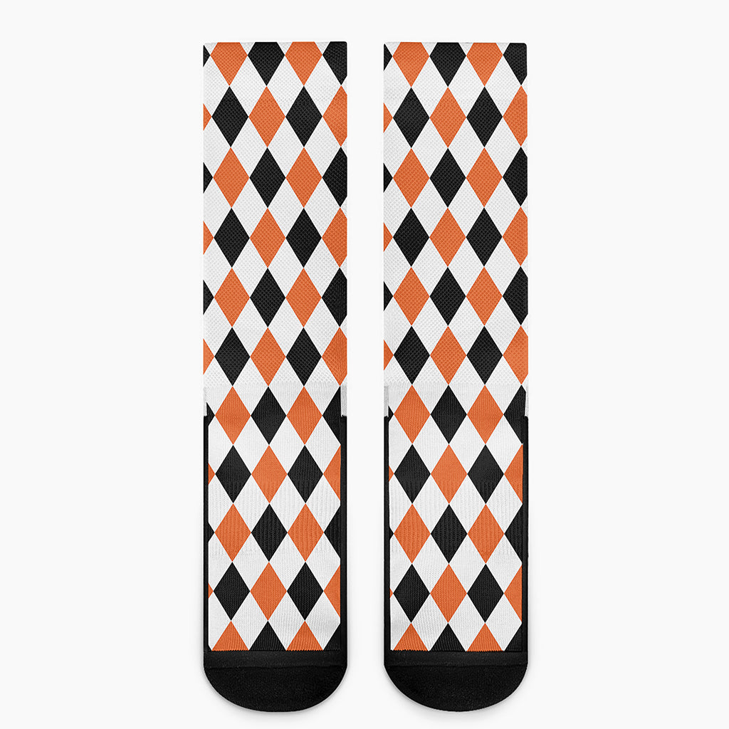 White Black And Orange Harlequin Print Crew Socks