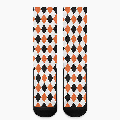 White Black And Orange Harlequin Print Crew Socks