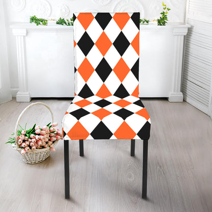 White Black And Orange Harlequin Print Dining Chair Slipcover