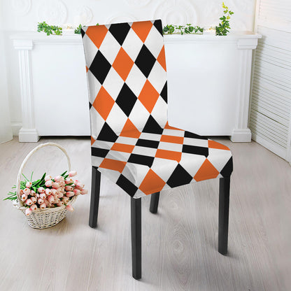White Black And Orange Harlequin Print Dining Chair Slipcover