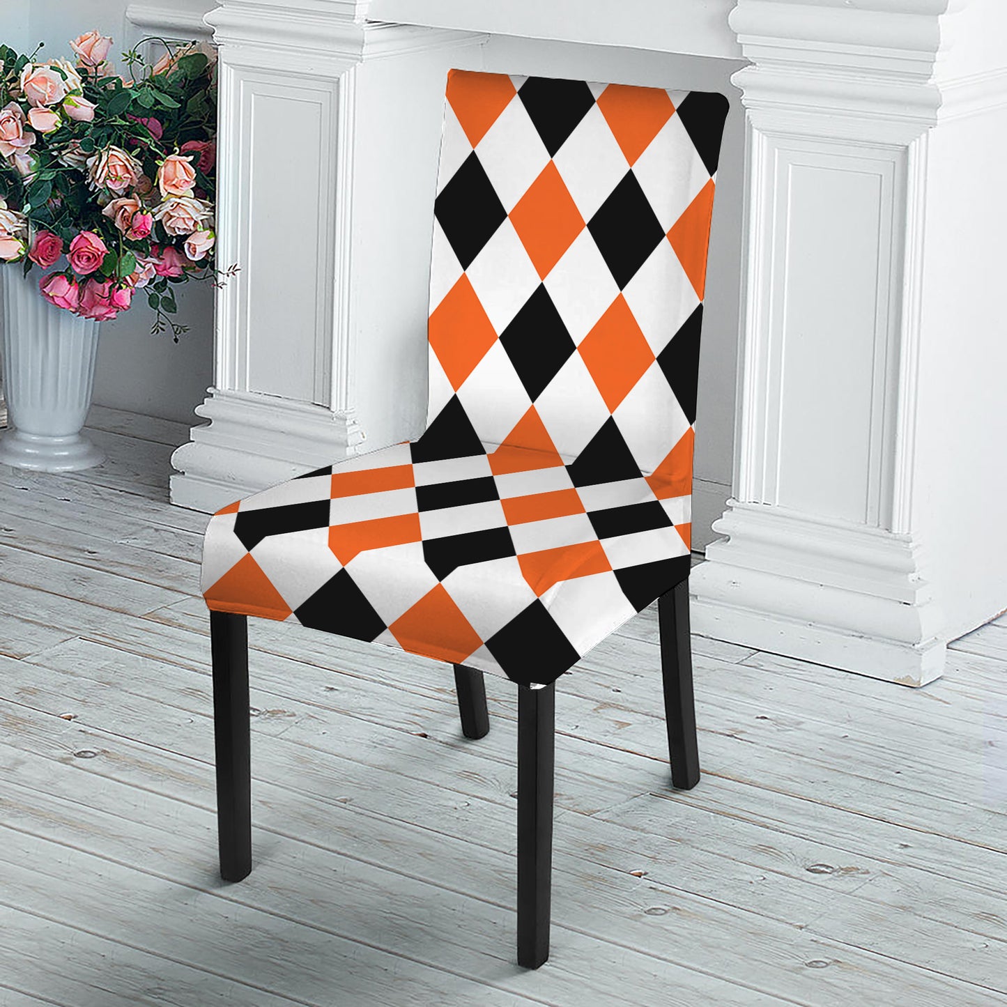 White Black And Orange Harlequin Print Dining Chair Slipcover