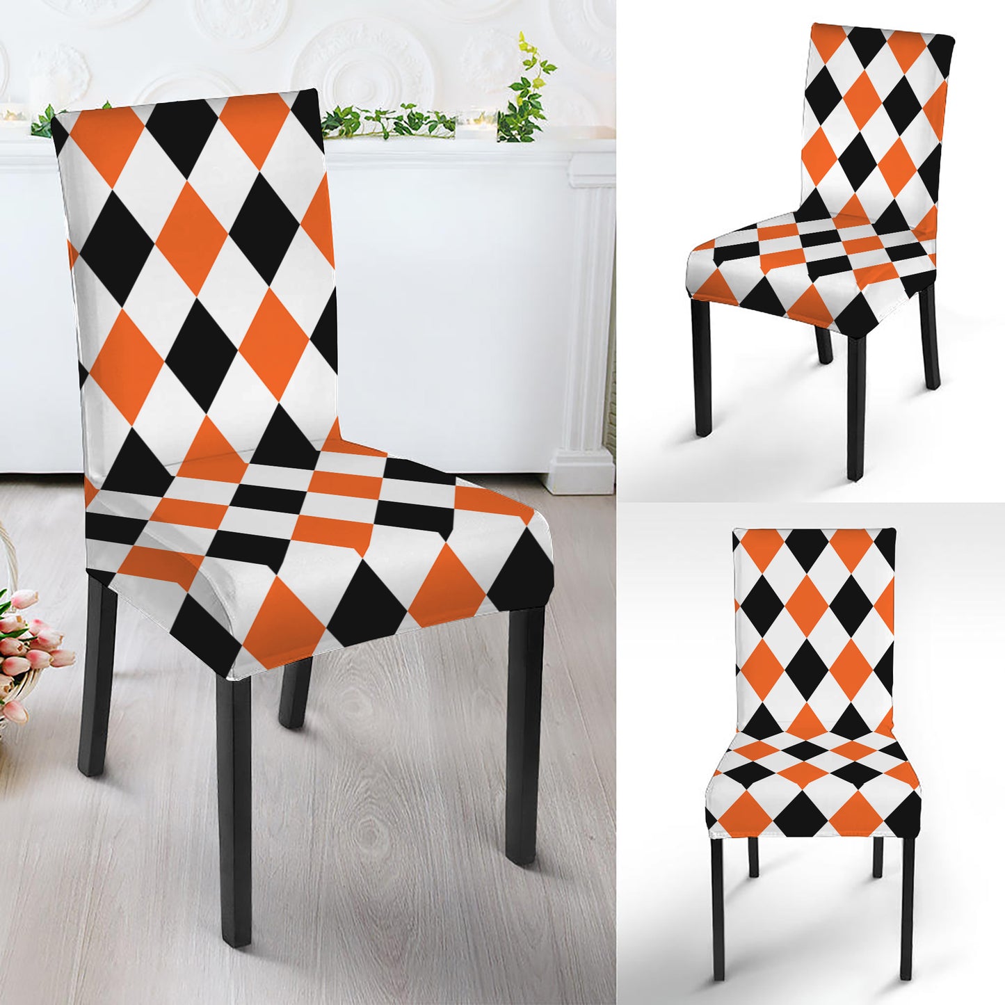 White Black And Orange Harlequin Print Dining Chair Slipcover