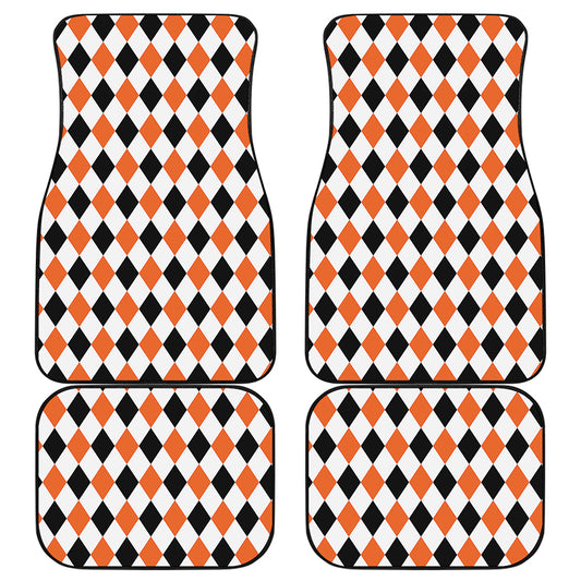 White Black And Orange Harlequin Print Front and Back Car Floor Mats
