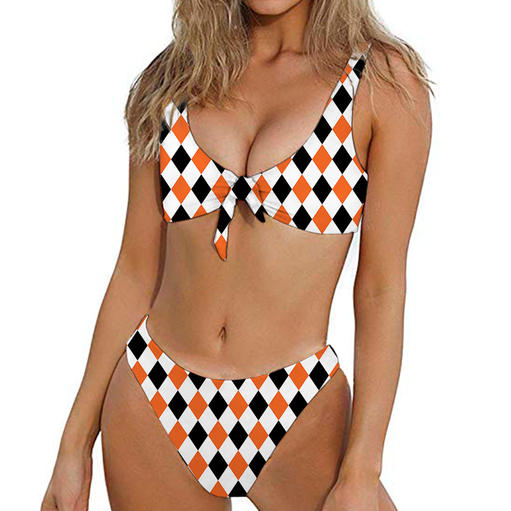 White Black And Orange Harlequin Print Front Bow Tie Bikini