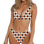 White Black And Orange Harlequin Print Front Bow Tie Bikini